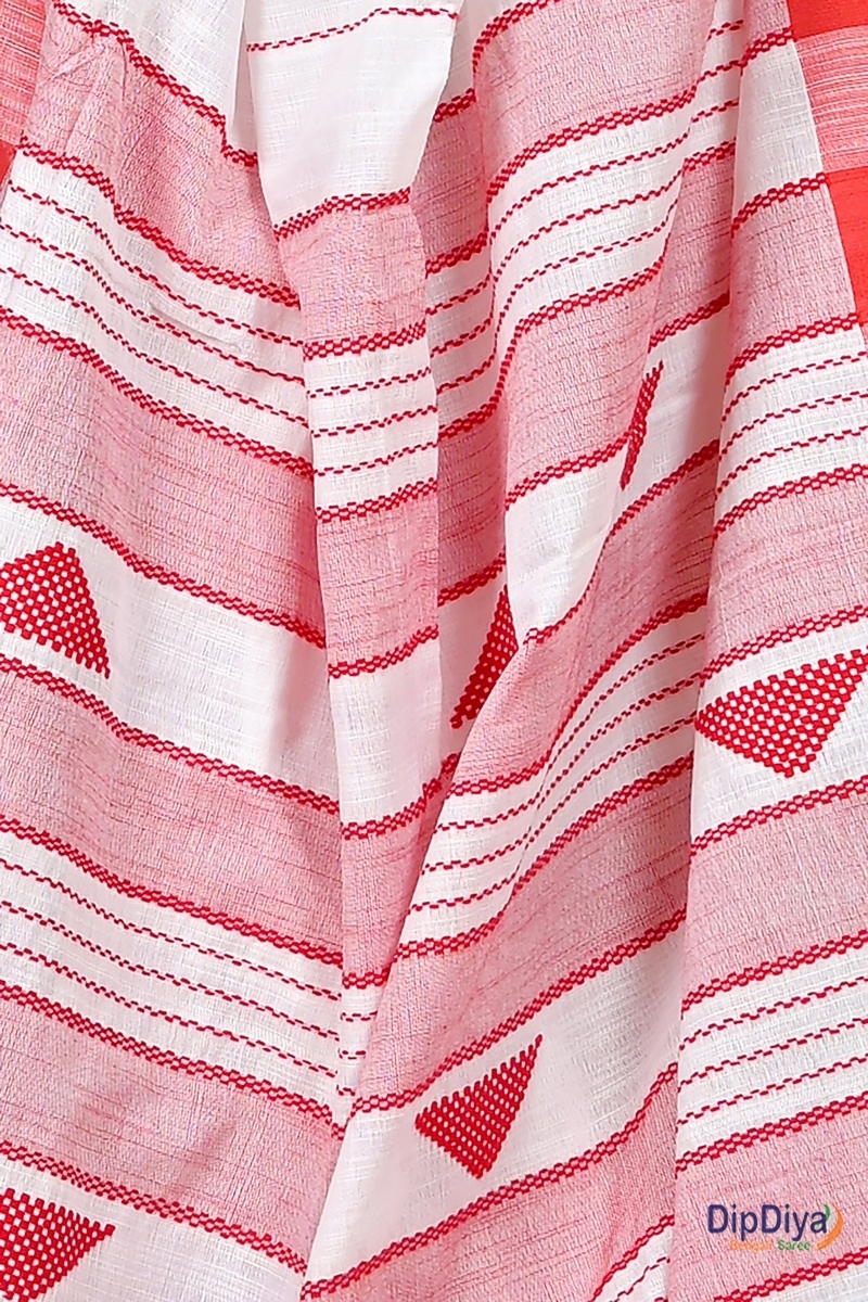 White Red Cotton Blended Parnika Hand Loom Saree (393)